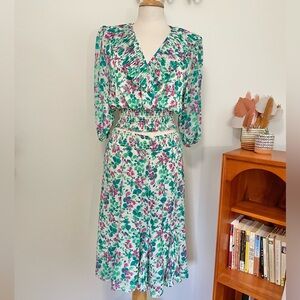 Vintage Floral Ruffle SET- Blouse and Midi Skirt